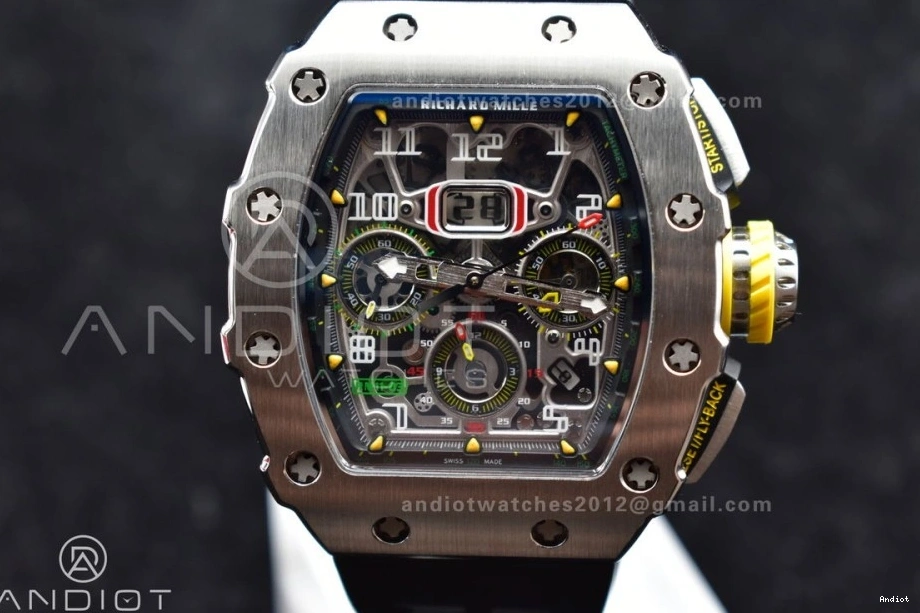 SS A7750 1:1 Crystal KVF Black Dial Black RM011 Chrono on Strap Best V3 Edition Rubber 0121